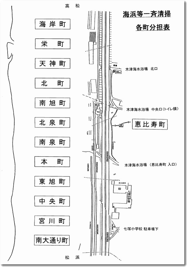 海浜等一斉清掃各町分担表（かほく市木津）