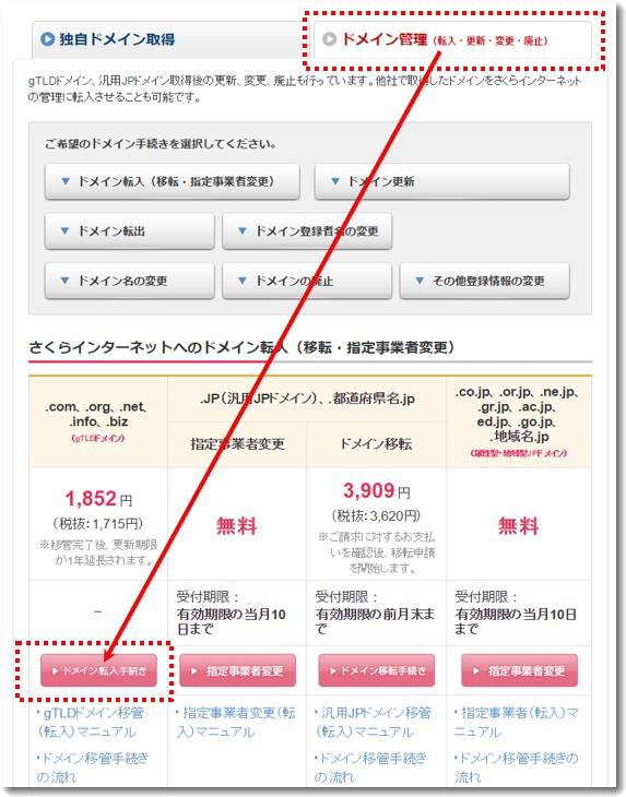 さくらインターネットのドメイン転入を申請する画面１