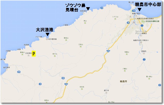 輪島市中心部から上大沢までの地図