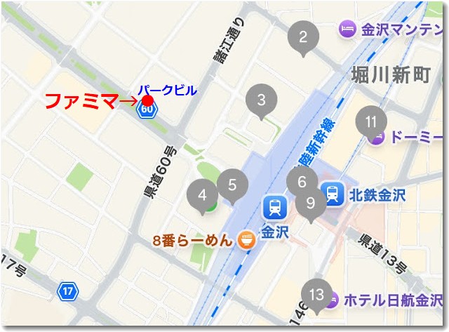 金沢駅からパークビルへの地図