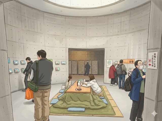 地下ホールでの展示の様子をイラストに