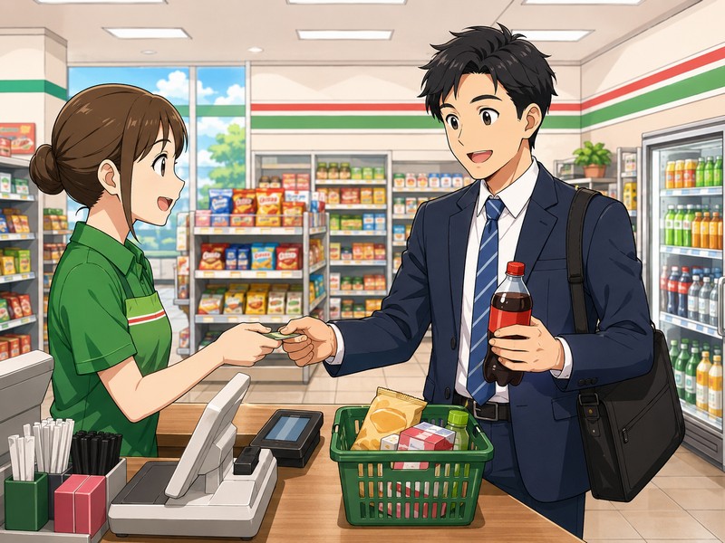 コーラをコンビニで買うビジネスマン