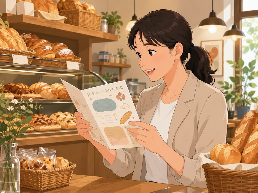 パン屋さんの店内でニュースレターを読む女性客
