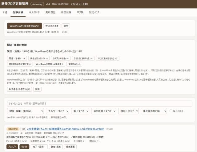蕎麦ブログ265記事を「台帳」で管理するGASを作った備忘録です、毎週月曜6時に「今週書く1本」が届く仕組み